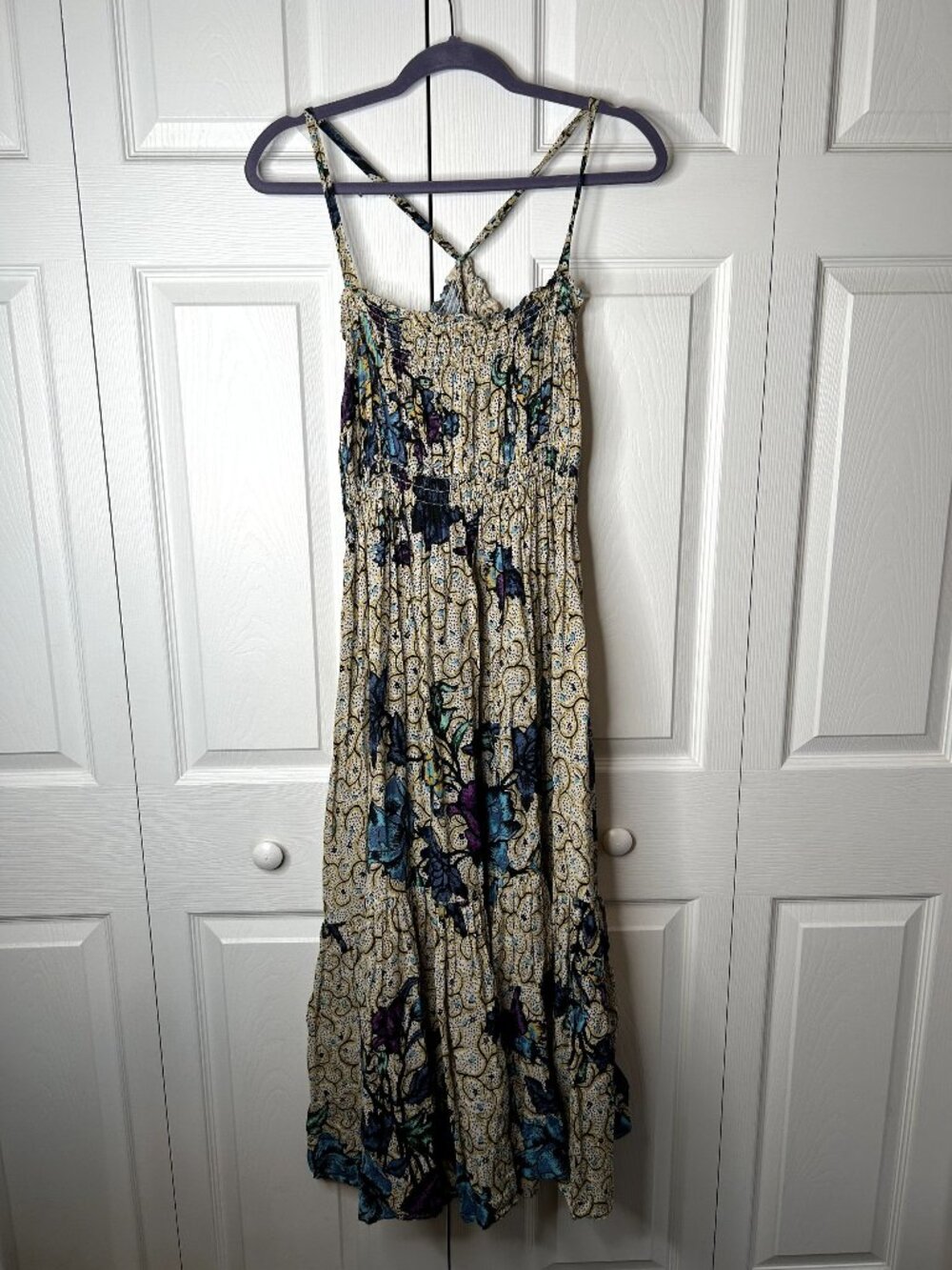 Warm Multi-Color Printed Smocked Elastic Cotton Maxi Dress Women's Size 1 Small